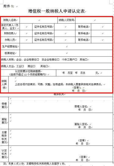 增值税一般纳税人申请认定表